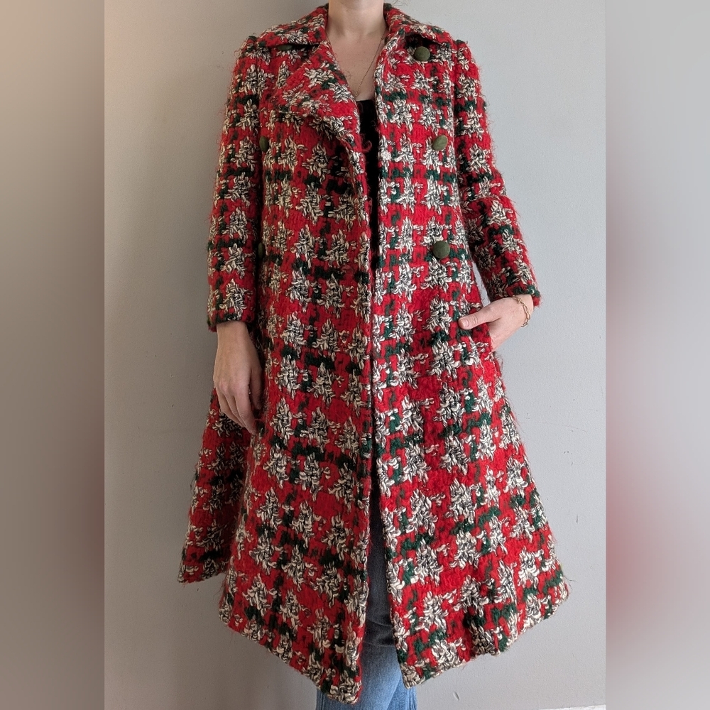 Vintage 1960s Davidow Chucky Tweed Red & Green Fit & Flare Coat, Razooks Size S